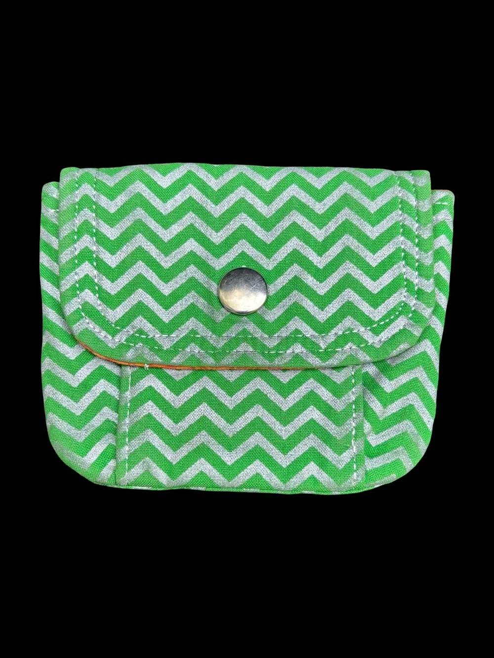 Green Chevron Mini Fabric Wallet Snap Pouch Coin Case Bright Orange Lining